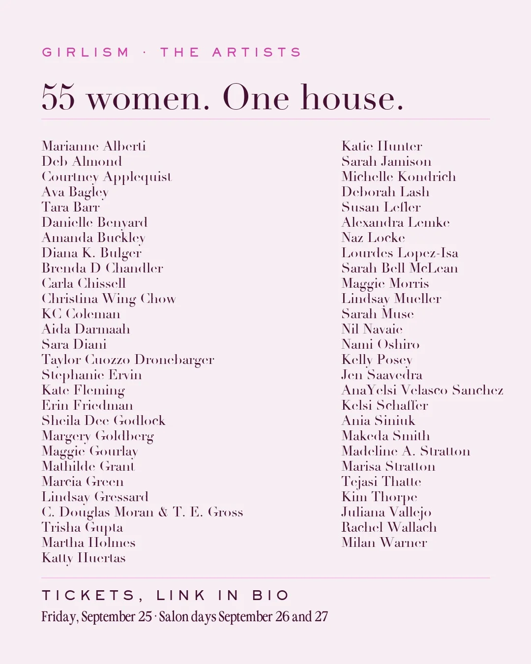 GIRLISM poster introducing the 55 women artists in The Consortium's exhibition
